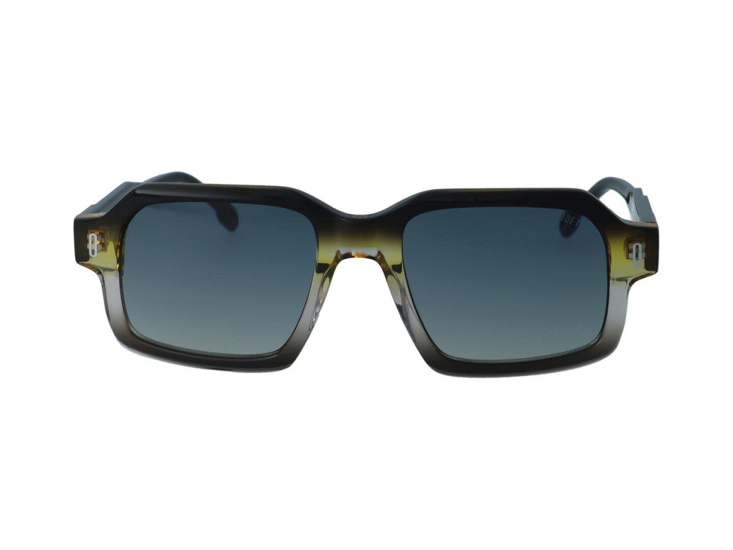 Rechteckige Sonnenbrille mit dickem, dunklem Verlaufsrahmen und blau getönten Gläsern vor weißem Hintergrund, von vorne betrachtet.