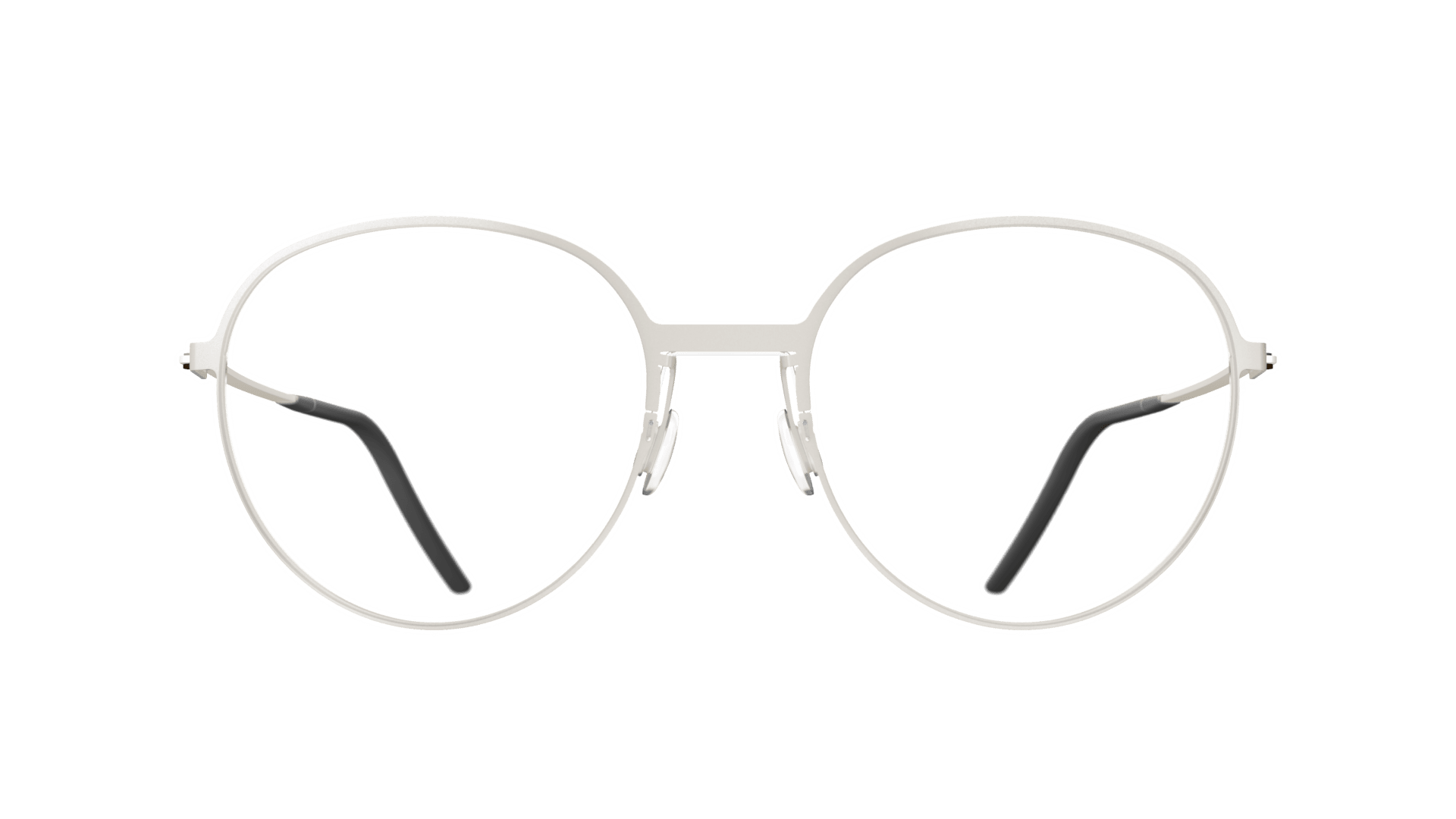 Silver round eyeglass frames with thin metal rims and black temple tips, shown on a white background. The design is minimalistic and modern.