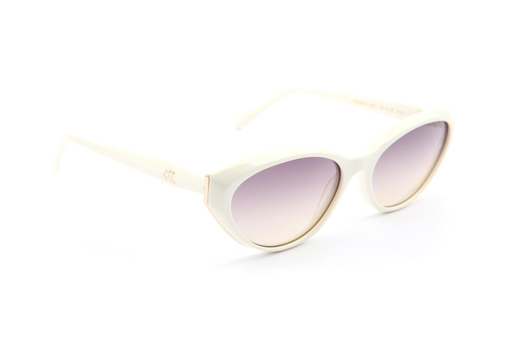 White cat-eye sunglasses with gradient purple-tinted lenses, shown on a white background at a slight angle.
