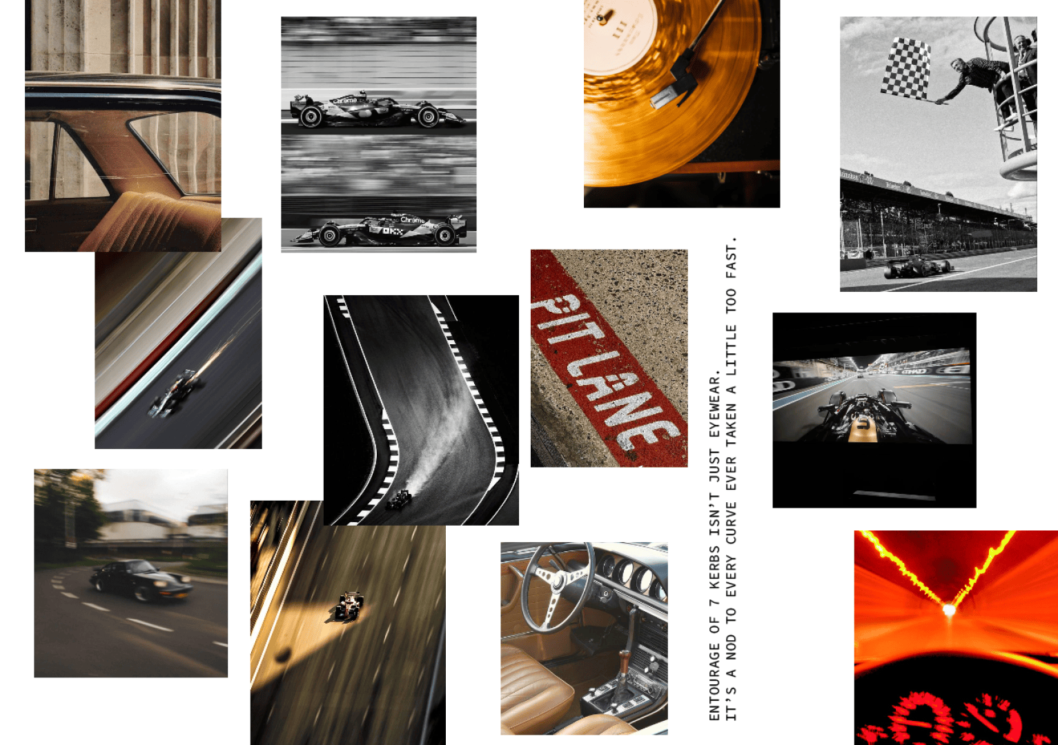 Eine Collage aus Fotos zum Thema Rennsport: Formel-1-Autos auf der Rennstrecke, unscharfe Bewegungsaufnahmen, eine karierte Flagge, Lenkräder, eine Schallplatte und der Text "PITLANE" mit einem Zitat über Ausdauer und Risiko auf der rechten Seite.