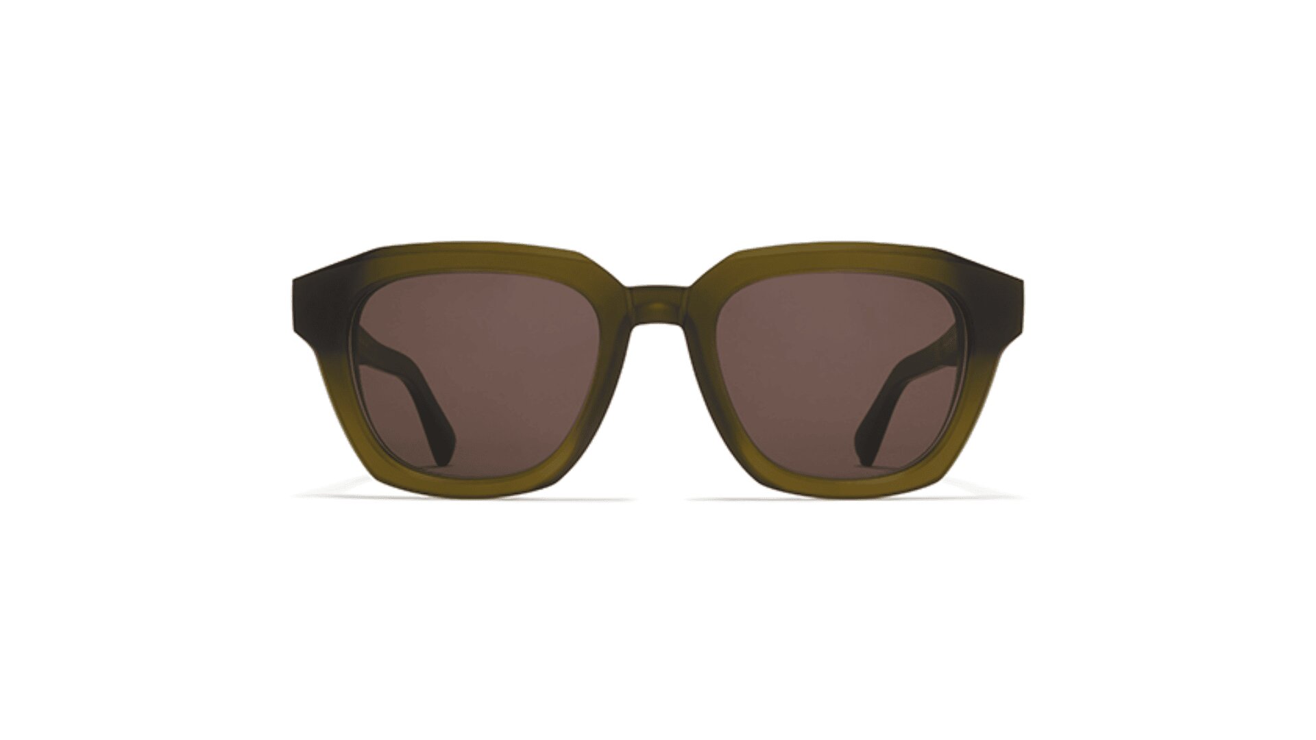 Olive green, square-shaped sunglasses with dark tinted lenses, viewed from the front against a white background.