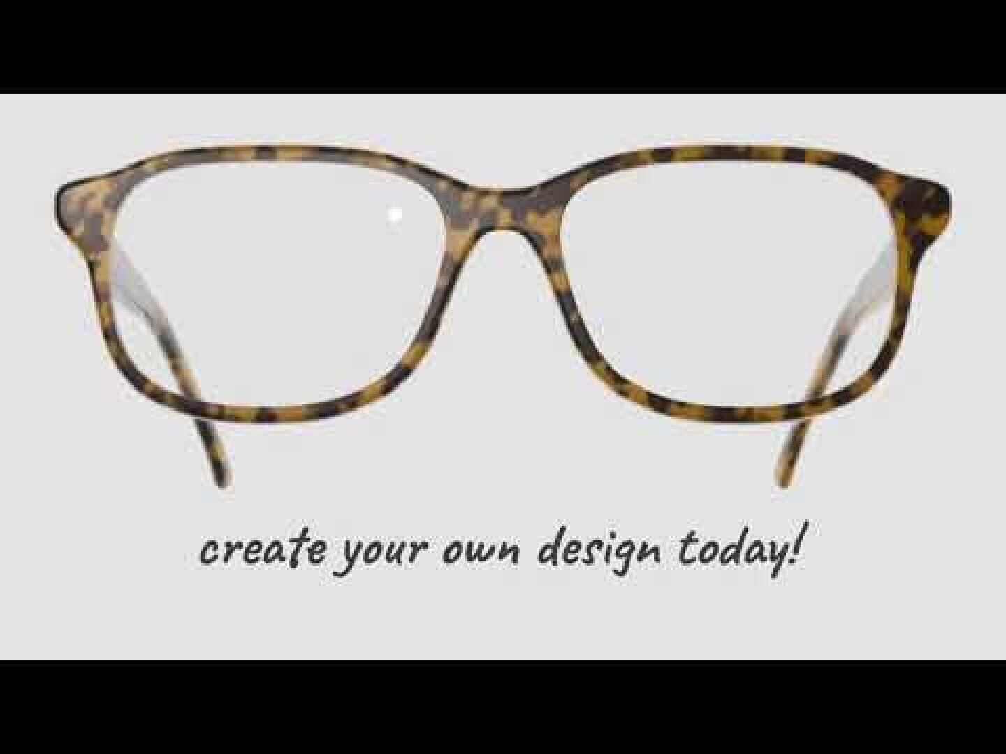 Eine Schildpattbrille ist auf einem hellen Hintergrund zentriert, darunter steht in einer stilvollen Schriftart der Text "create your own design today!".