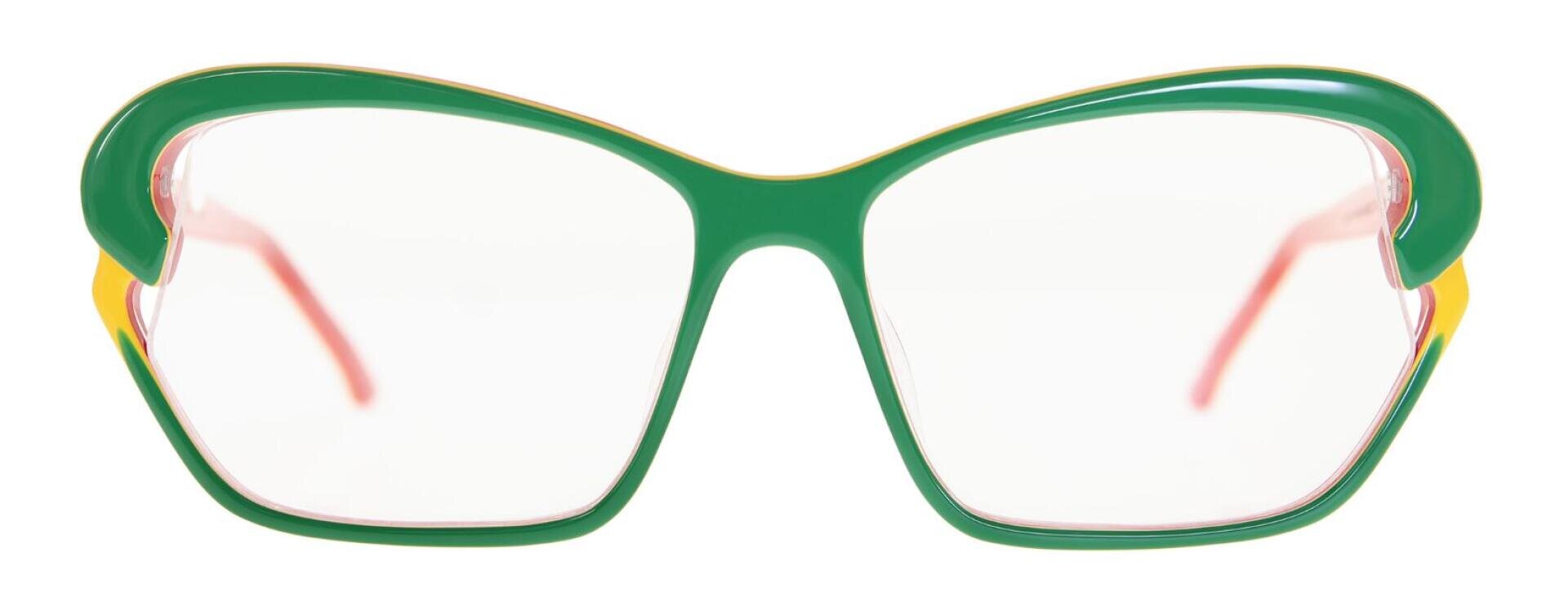 Grüne rechteckige Brille mit kräftigem, dickem Rahmen und dezenten gelben Akzenten an den Rändern, von vorne betrachtet vor einem weißen Hintergrund.