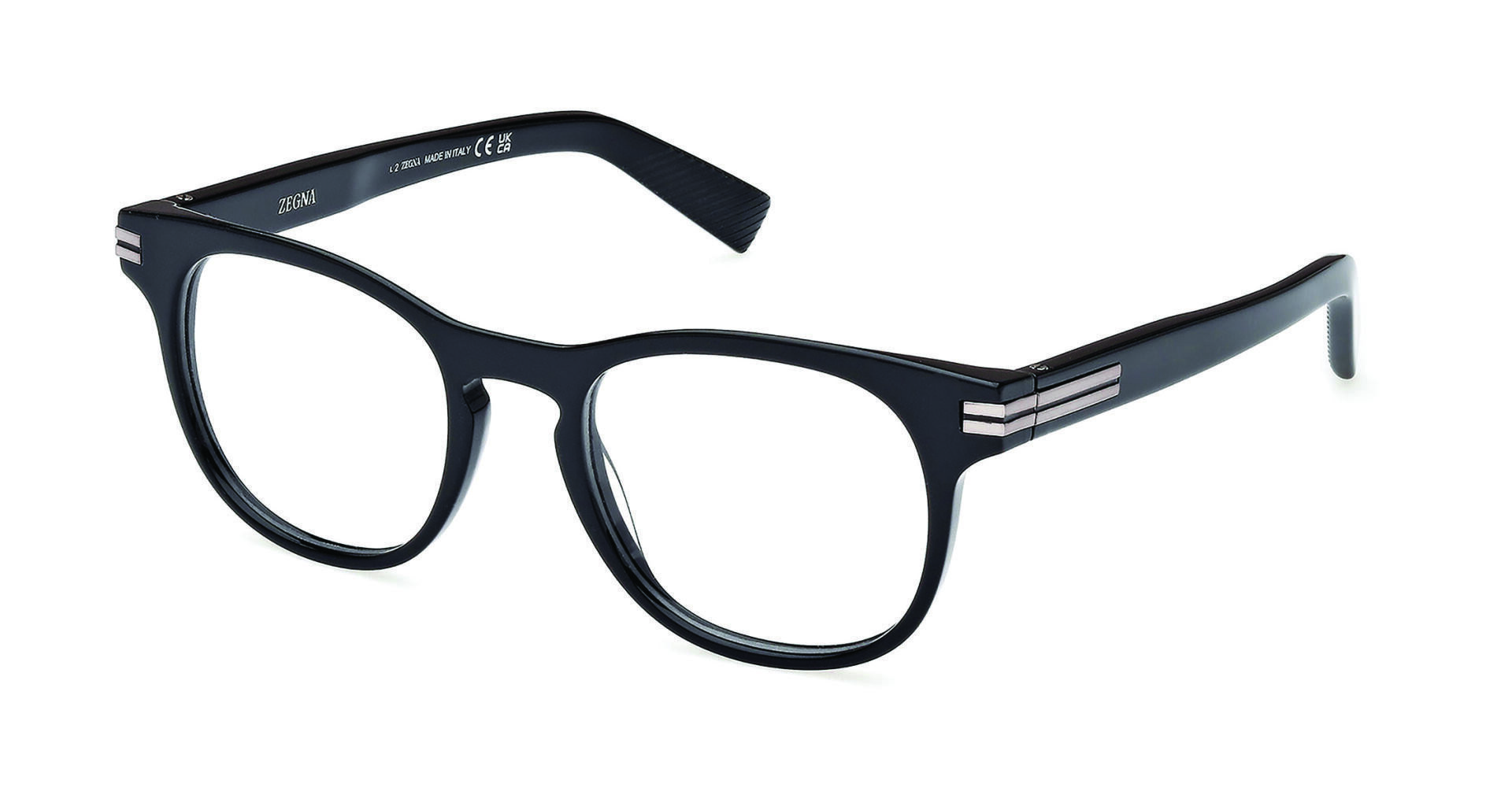 Eine schwarze Brille mit rundem Rahmen und dünnen silbernen Streifen an den Bügeln, die vor einem weißen Hintergrund abgebildet ist.