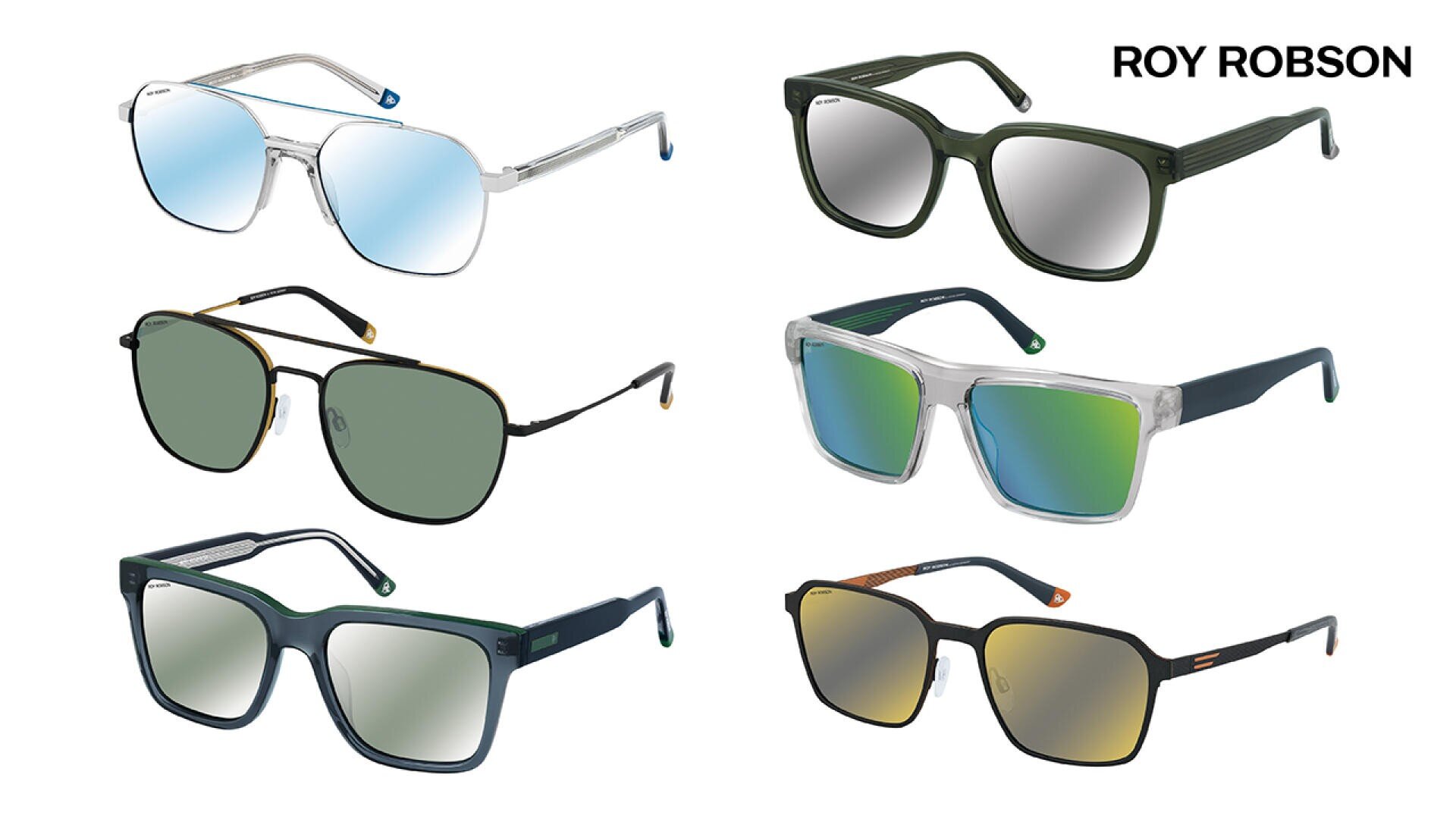 Sechs modische Sonnenbrillen in verschiedenen Gestellformen und -farben sind vor einem weißen Hintergrund abgebildet, mit dem Text ROY ROBSON in der oberen rechten Ecke.
