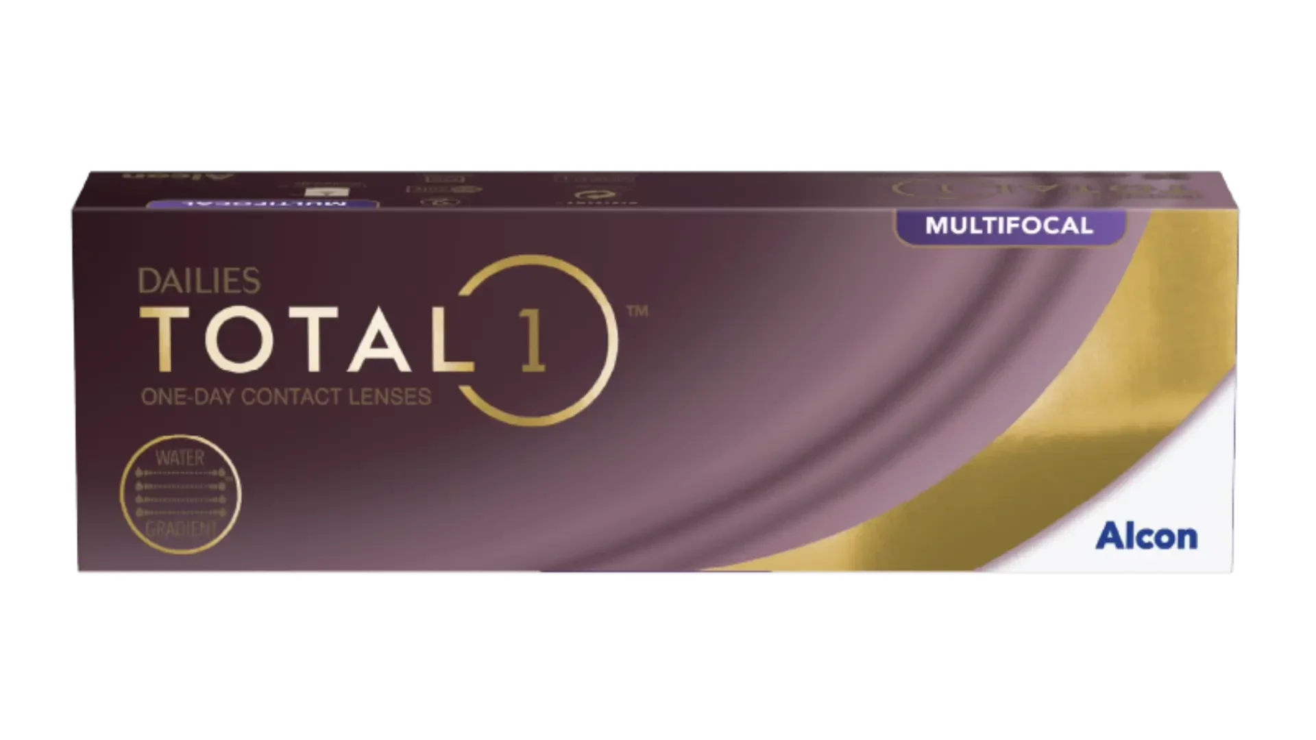 Eine Schachtel multifokale Ein-Tages-Kontaktlinsen Dailies Total 1 von Alcon in lila-goldenem Design mit deutlich sichtbaren Marken- und Produktnamen.