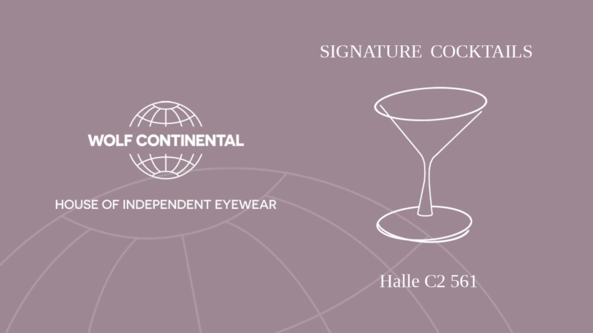 Purple graphic with Wolf Continental House of Independent Eyewear on the left, an outlined martini glass on the right, and text Signature Cocktails above Halle C2 561 at the bottom right.