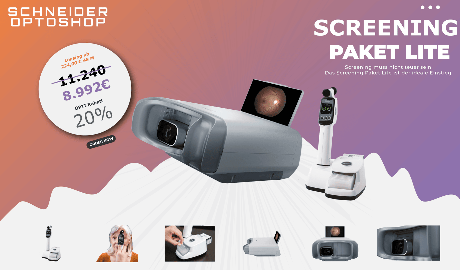 Eine Werbegrafik für das Schneider Optoshops Screening Paket Lite zeigt Sehtestgeräte, einen ermäßigten Preis von 8.992 € und einen OPTI-Rabatt von 20 %, mit Produktbildern und orangefarbenen und violetten Akzenten.