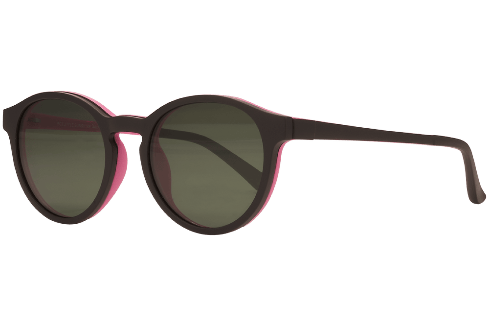 A pair of round, dark-lensed sunglasses with a black frame and subtle pink accents on the inner edges, shown at an angle on a plain background.