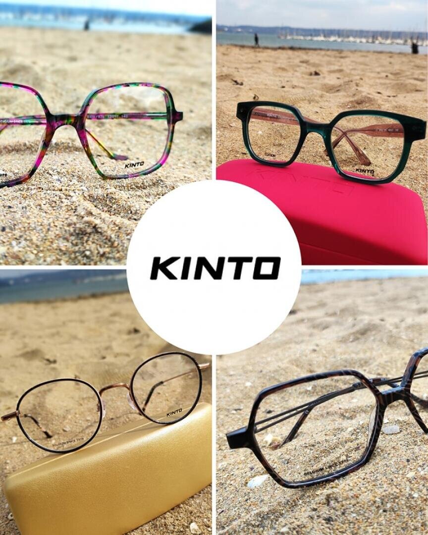 A collage of four KINTO glasses displayed on sandy beaches, each with a case. The KINTO logo is centered on a white circle in the middle of the picture.
