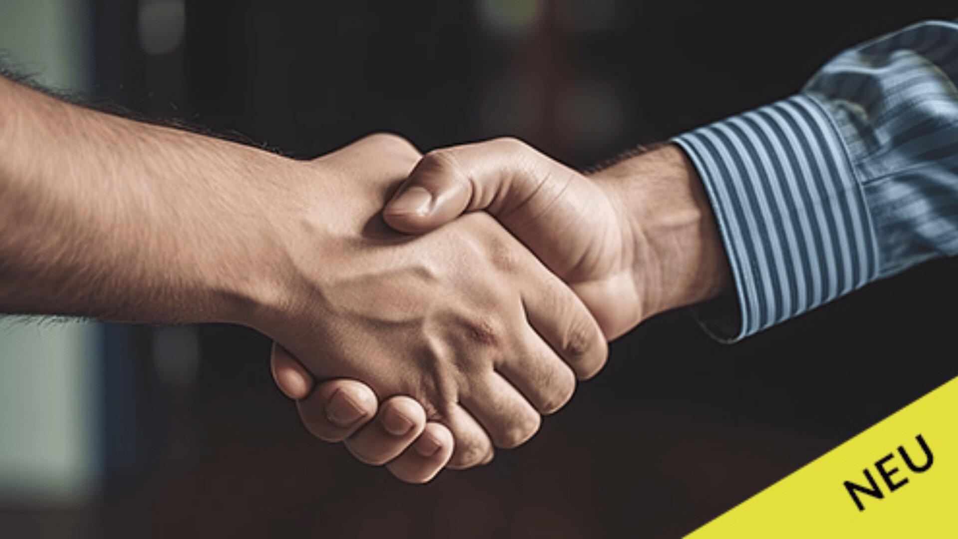 Zwei Menschen schütteln sich die Hände, einer trägt ein gestreiftes Hemd, das Einigkeit oder Partnerschaft symbolisiert. In der gelben Ecke erscheint das Wort NEU, was auf etwas Neues hinweist.