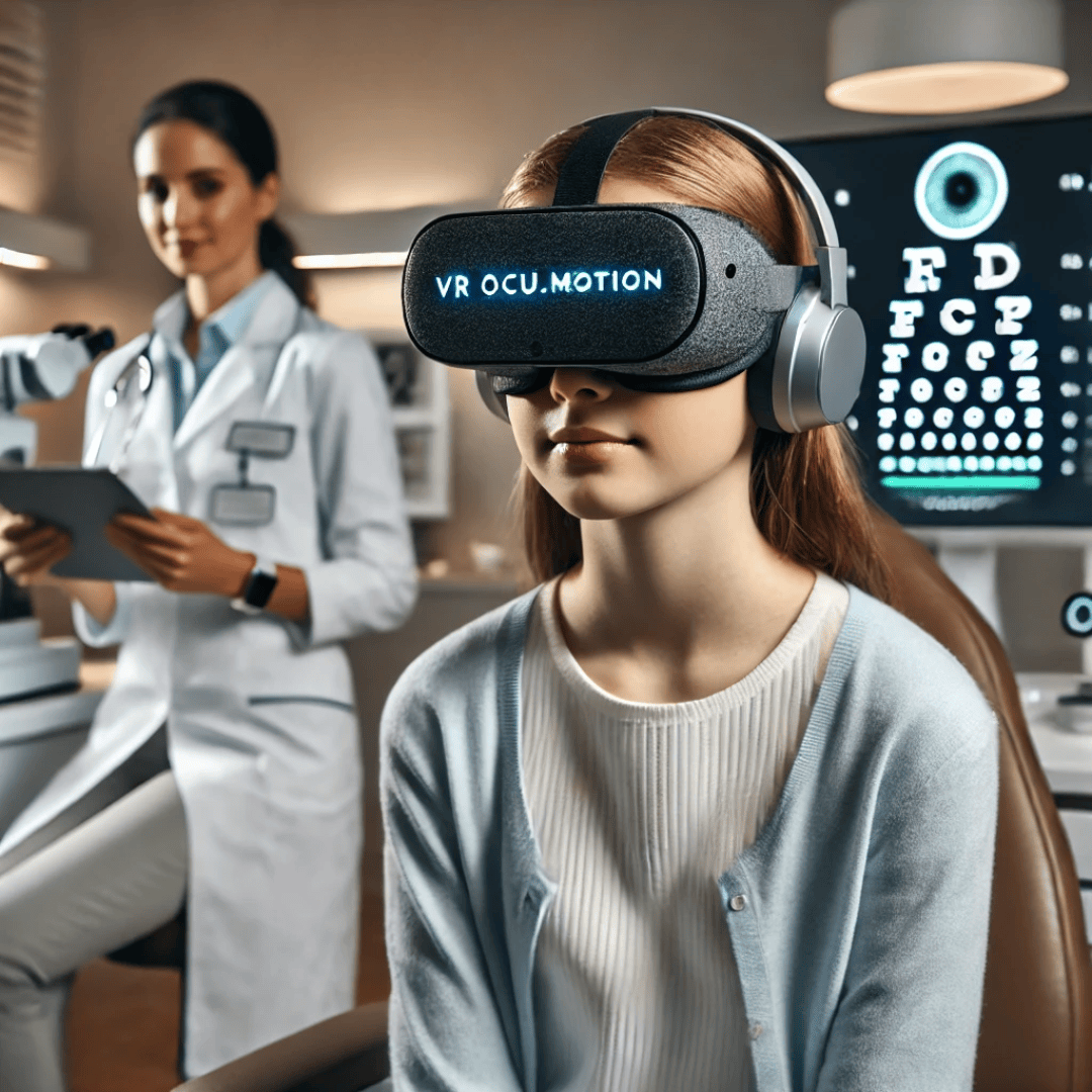 A young girl wearing a VR headset and headphones sits in an eye clinic, with an eye chart and an optometrist holding a tablet in the background.