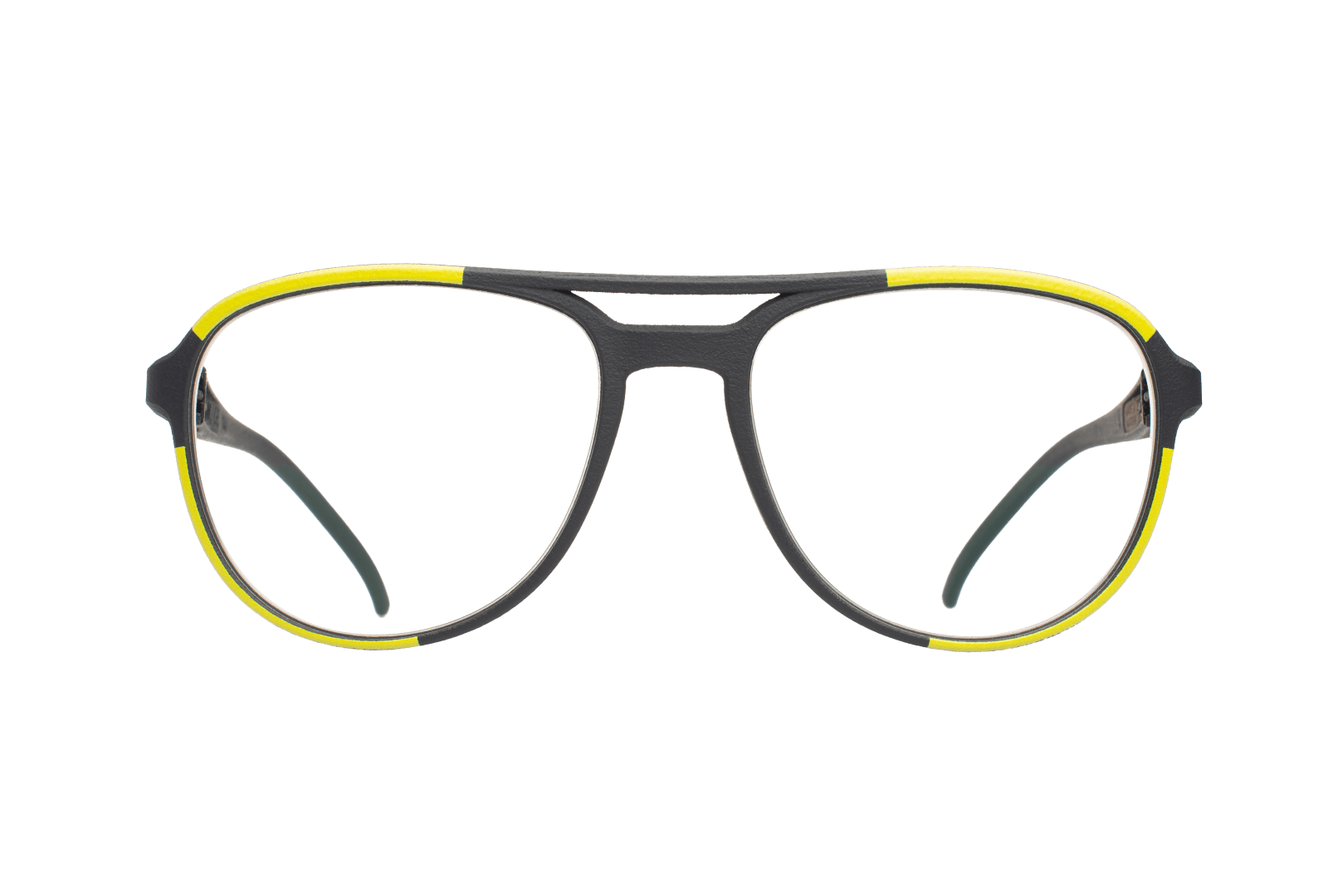 Eine Brille mit schwarzem Rahmen und gelben Akzenten oben und an den Seiten, mit großen, abgerundeten Gläsern und doppeltem Steg, auf weißem Hintergrund.