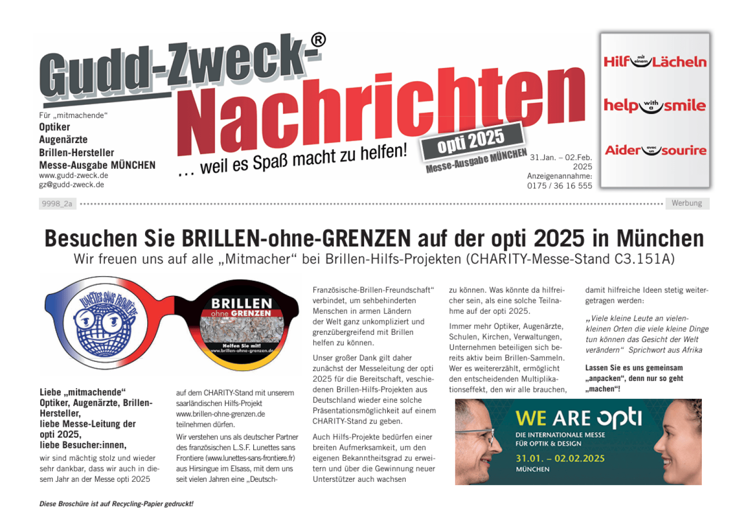 Auf der Newsletterseite „Gudd-Zweck-Nachrichten“ finden sich Schlagzeilen, Text, Sonnenbrillen mit Logo sowie Charity-Botschaften zu BRILLEN-ohne-GRENZEN und der opti 2025 in München. Logos und Kontaktdaten sind ebenfalls sichtbar.