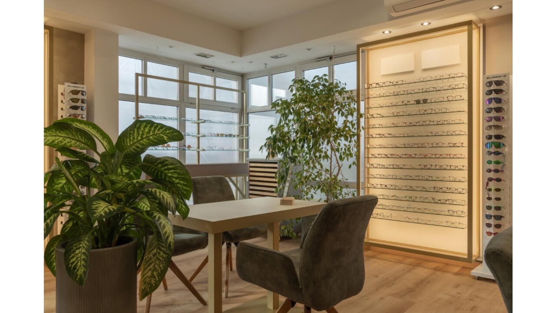 A modern optician’s office with display racks of eyeglasses, a table with chairs, large windows letting in natural light, and several green potted plants adding a fresh touch to the room.