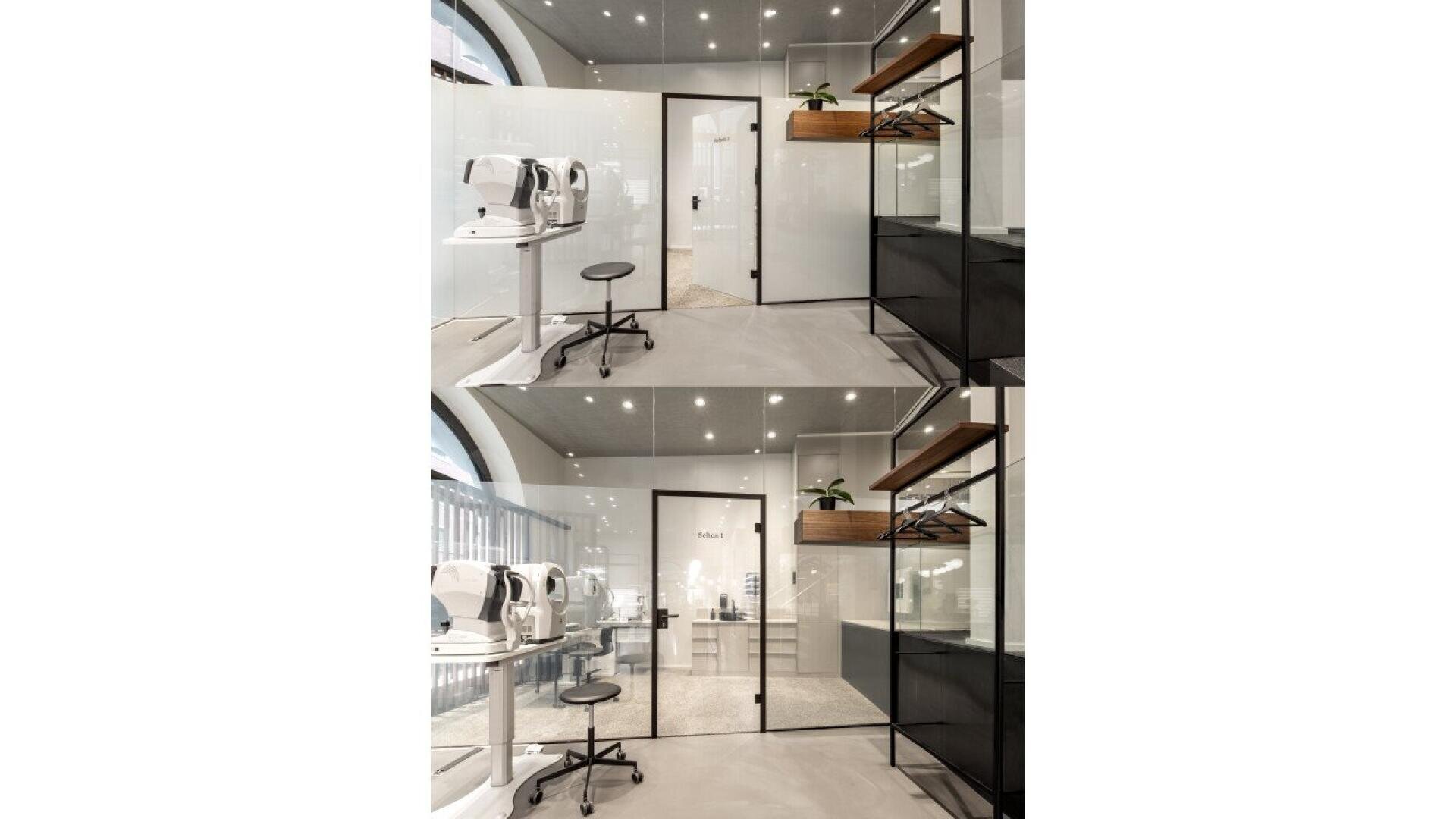 A modern optometry exam room with white walls, glass doors, an eye examination machine, a stool, shelves with plants, and a coat rack. The space is clean, minimalistic, and well-lit.