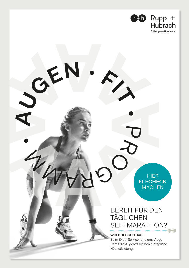 Eine Frau in Sportkleidung hockt in der Startposition eines Läufers. Der Text auf Deutsch lautet "AUGEN-FIT-PROGRAMM" und "Bereit für den täglichen Seh-Marathon?" und wirbt für einen Augengesundheitscheck von Rupp + Hubrach.
