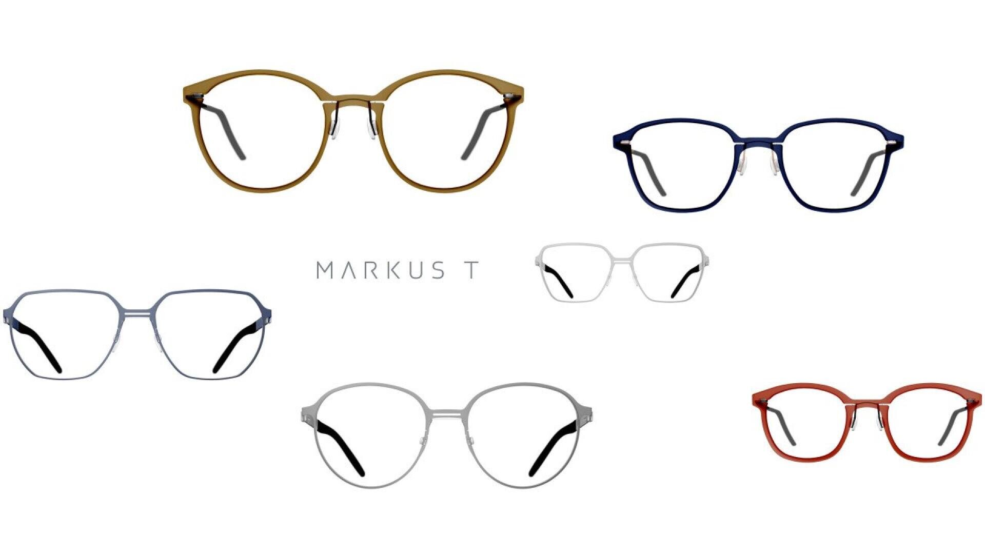 Six pairs of stylish eyeglasses in various colors—brown, blue, silver, white, and red—are arranged around the words MARKUS T on a white background.