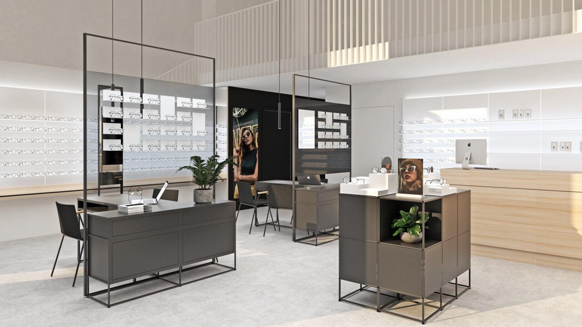 A modern eyewear store interior with display racks of glasses on the walls, two desks with chairs, decorative plants, and a wooden counter with a computer. The space is bright and minimalistic, with neutral colors.