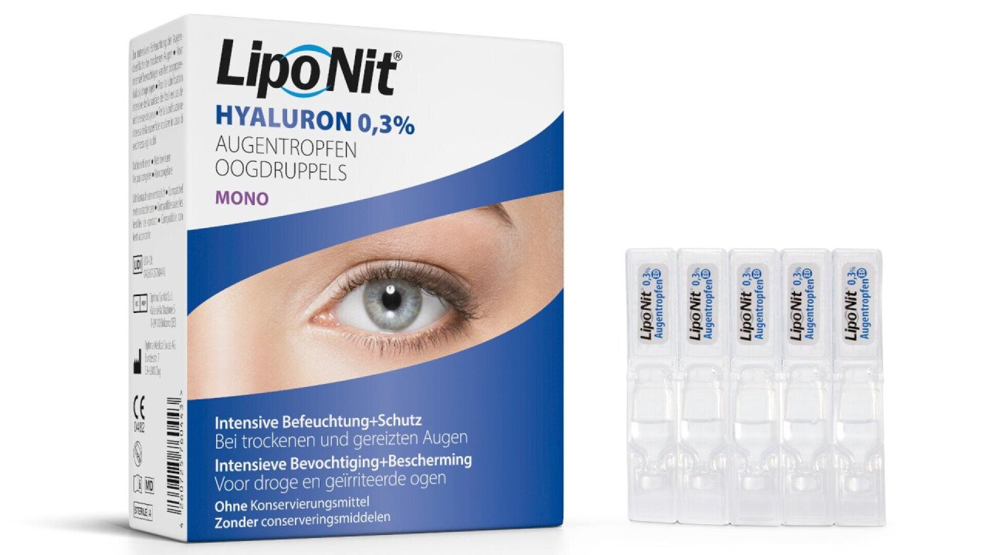 A box of LipoNit Hyaluron 0.3% eye drops for dry and irritated eyes stands next to four single-use plastic ampoules of the eye drops. The box features an image of an eye and text in German and Dutch.