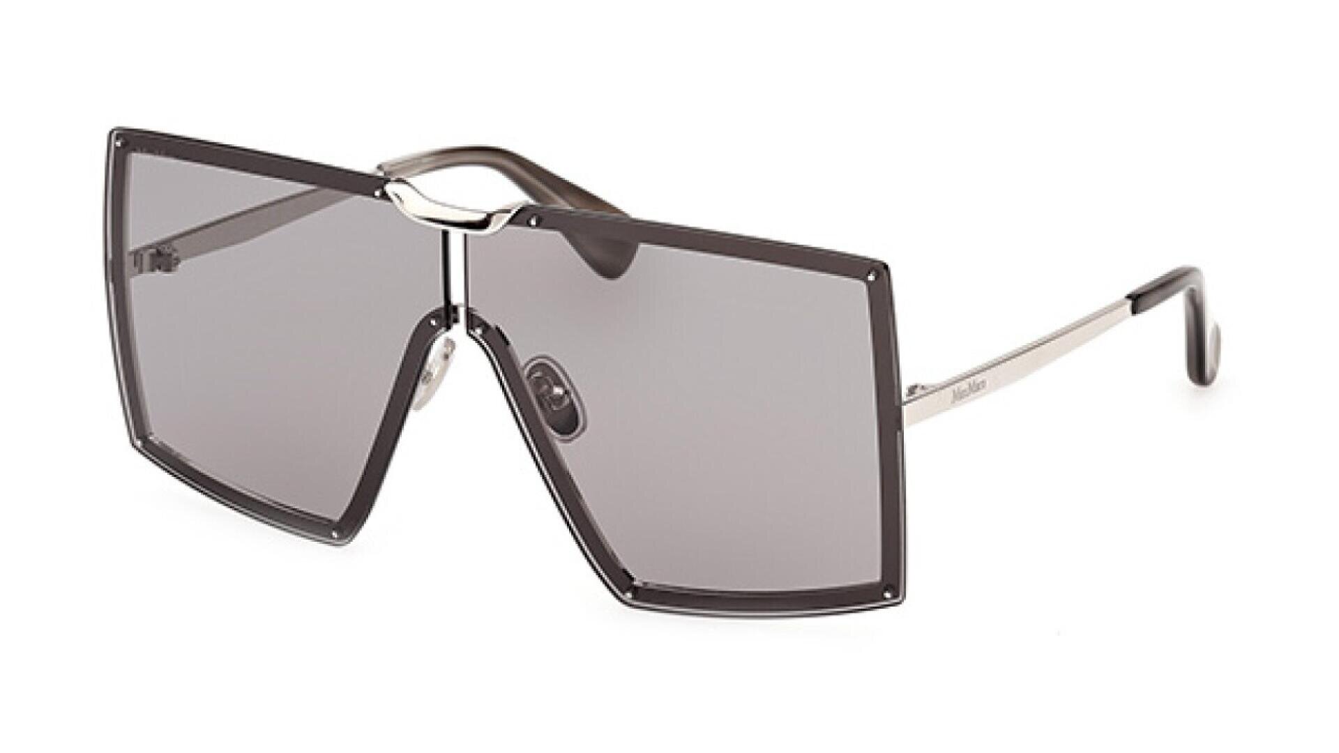 A pair of oversized, square-shaped sunglasses with a black frame, silver metal bridge, and temples, featuring large dark lenses and nose pads.