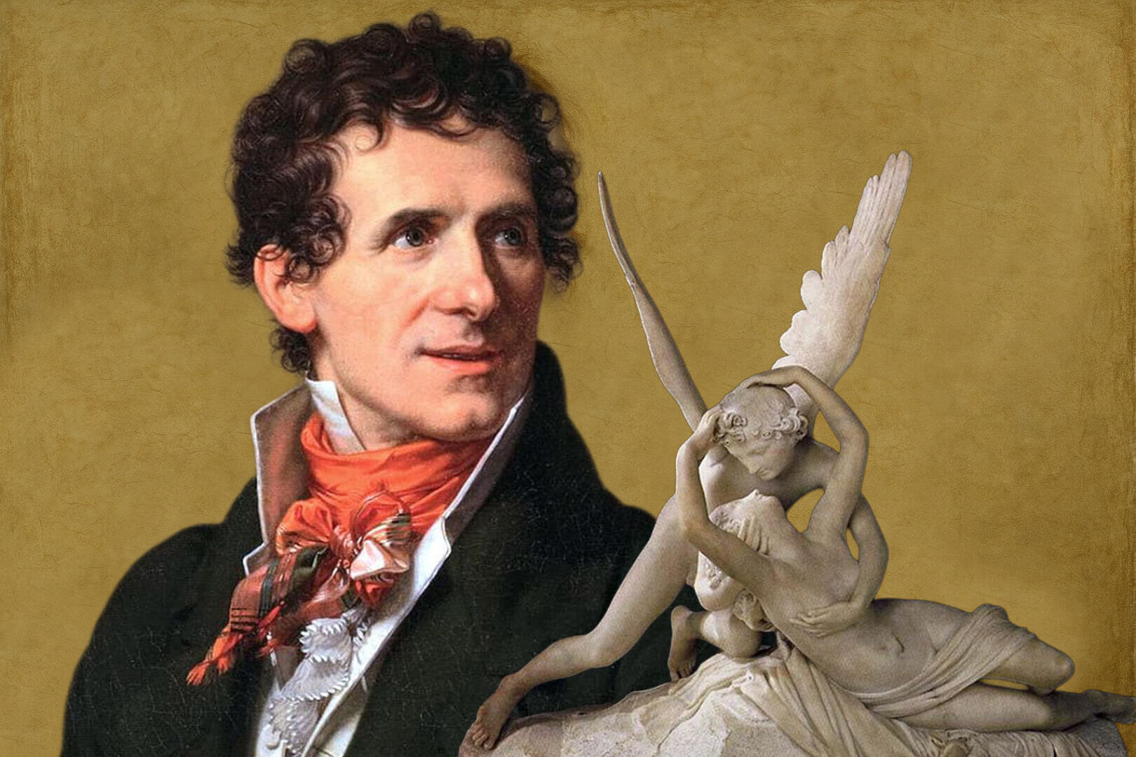 A painted portrait of a man with curly brown hair, wearing a black coat, a white shirt and a red scarf, stands next to a white marble sculpture showing two embracing figures with wings against a plain brown background.