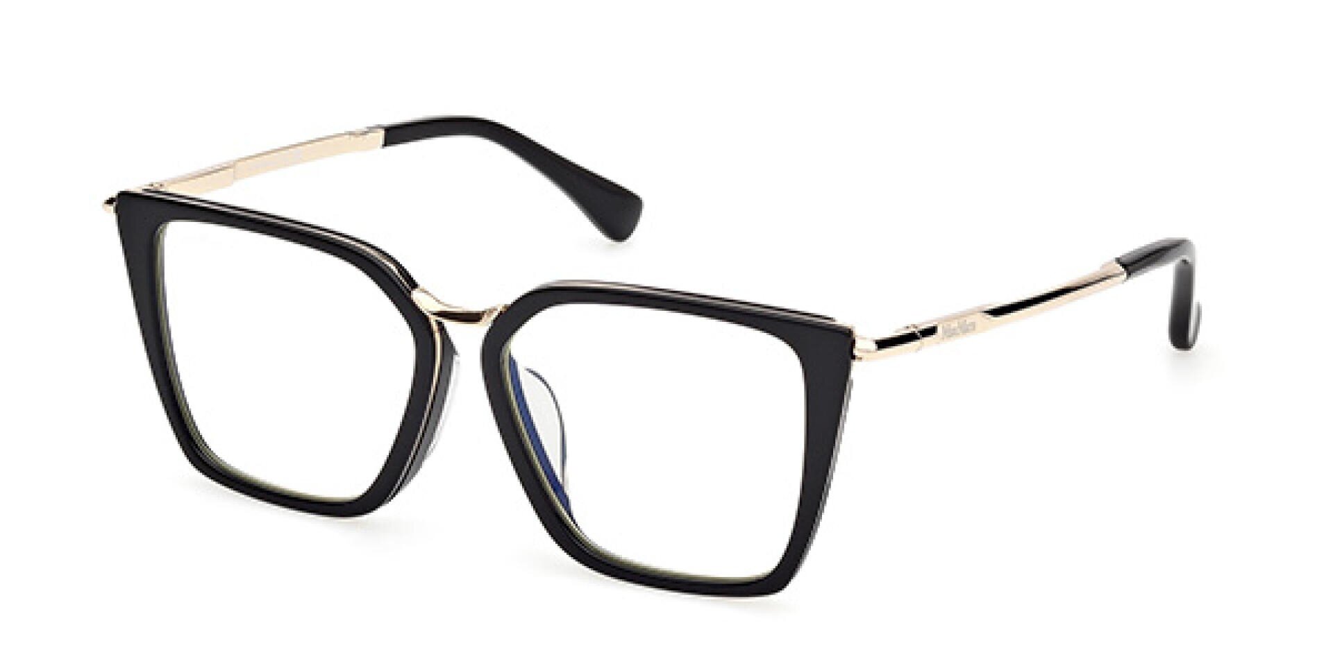 Eine Brille mit großem, schwarzem, quadratischem Rahmen und dünnen, goldenen Bügeln auf weißem Hintergrund.