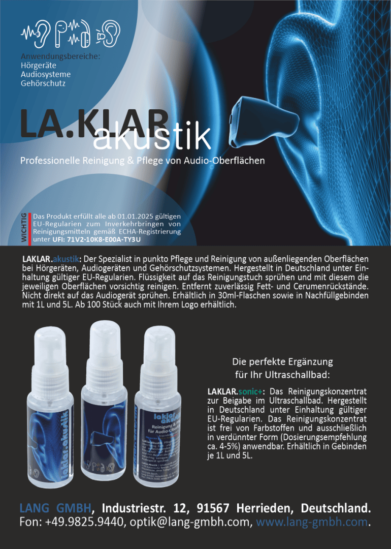 Werbeflyer für LA.KLAR akustik, zeigt drei Flaschen Reinigungsspray vor blauer Schallwellengrafik. Der Text beschreibt Produkte zur Reinigung von Hörgeräten und Audiooberflächen, darunter die Kontaktdaten des Unternehmens.