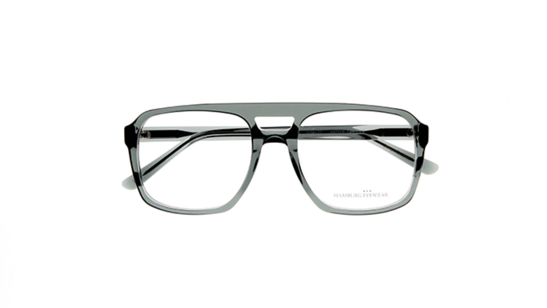 A pair of black, rectangular aviator-style eyeglasses with clear lenses, shown against a white background.
