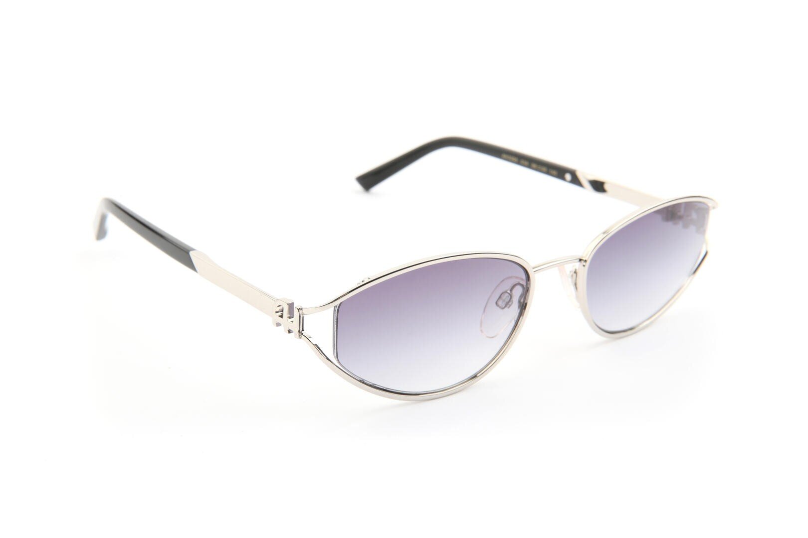 Silver-framed cat-eye sunglasses with gradient gray lenses and black temple tips, displayed on a white background.