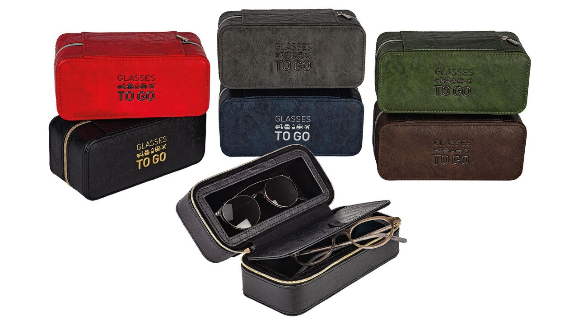 Six rectangular glasses cases in red, gray, green, black, brown, and navy are shown. Two cases are open, displaying a pair of sunglasses and eyeglasses inside. The cases are labeled GLASSES TO GO.