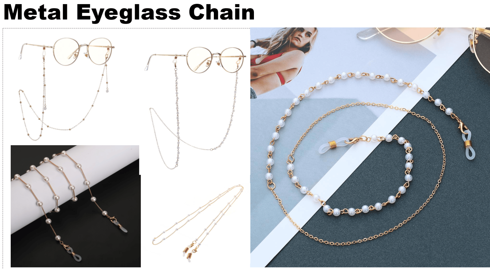 Brillenketten aus Metall in verschiedenen Ausführungen, darunter Gold und Silber mit kleinen Perlen. Ein Bild zeigt eine Frau, die die Kette trägt, und andere zeigen detaillierte Nahaufnahmen der Ketten und Befestigungen.