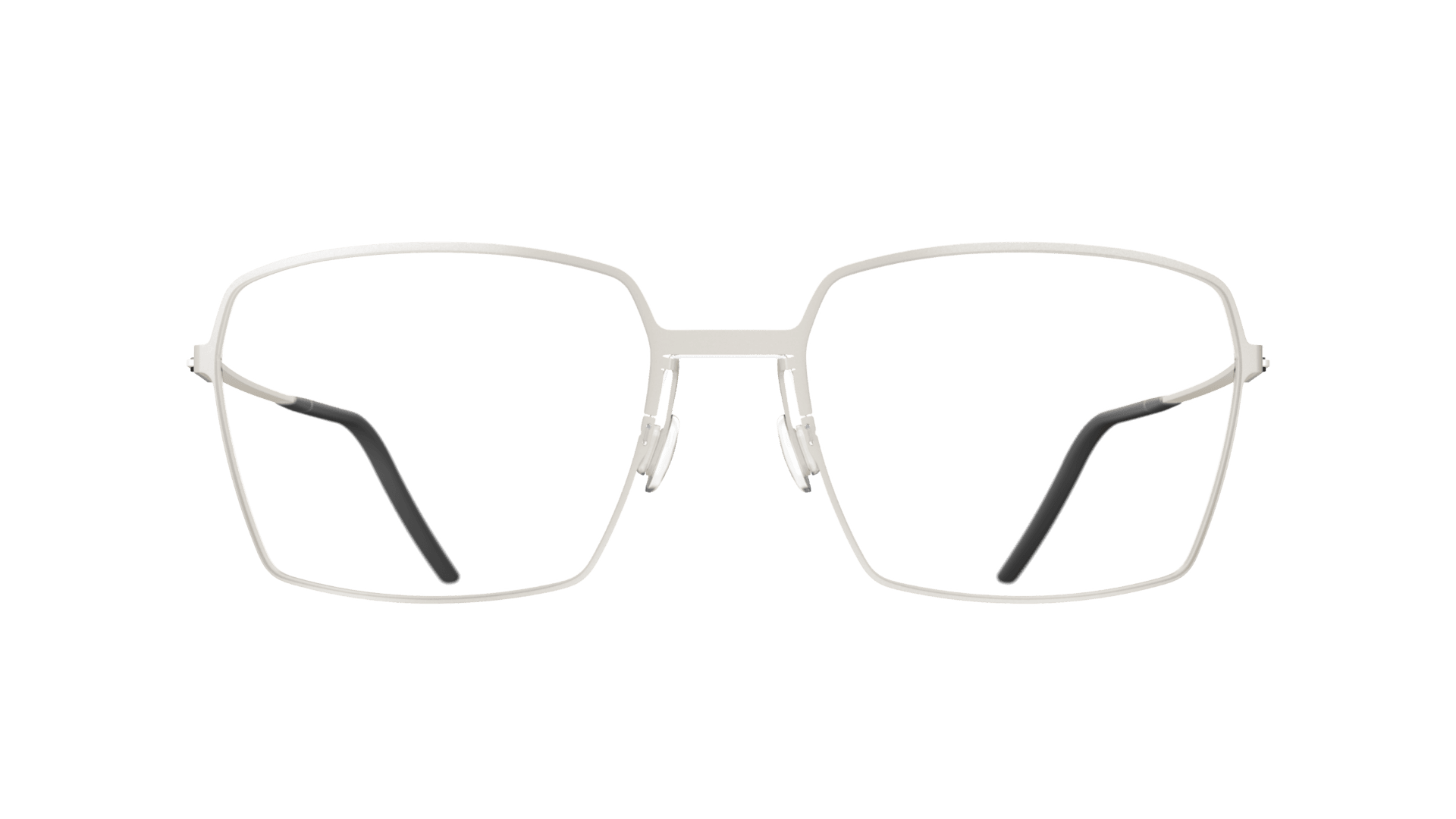 Eine Brille mit großem, geometrischem Rahmen aus silbernem Draht und dünnen Bügeln mit schwarzen Spitzen, abgebildet vor einem transparenten Hintergrund.