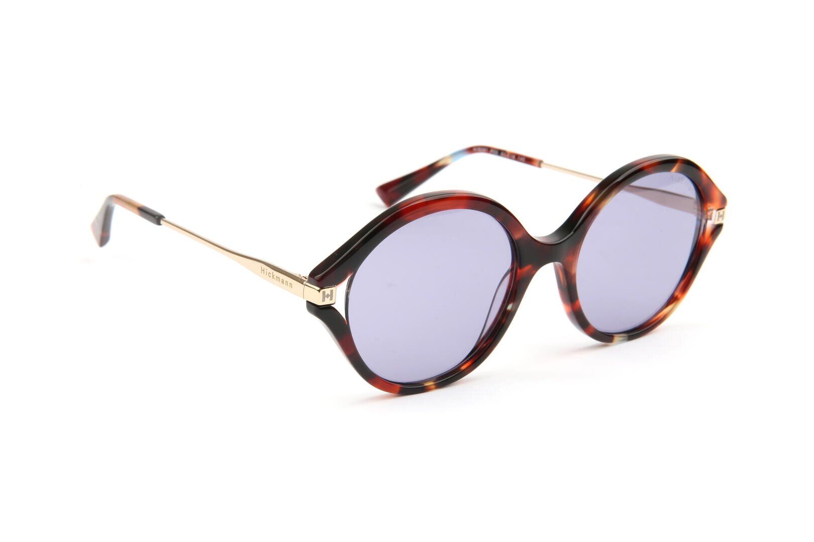 Round sunglasses with tortoiseshell frames, purple-tinted lenses, and thin gold arms, displayed on a white background.