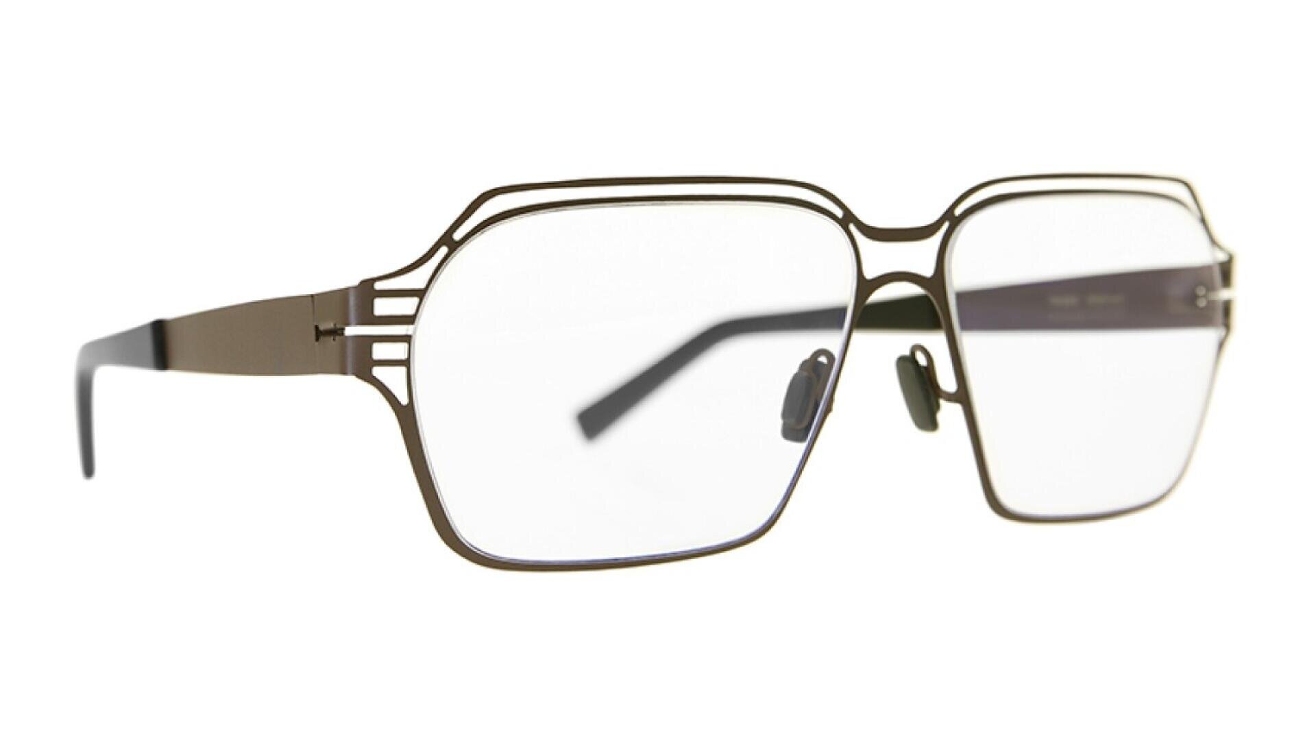 A pair of eyeglasses with thin, metallic, geometric frames featuring a double bridge design and rectangular lenses.