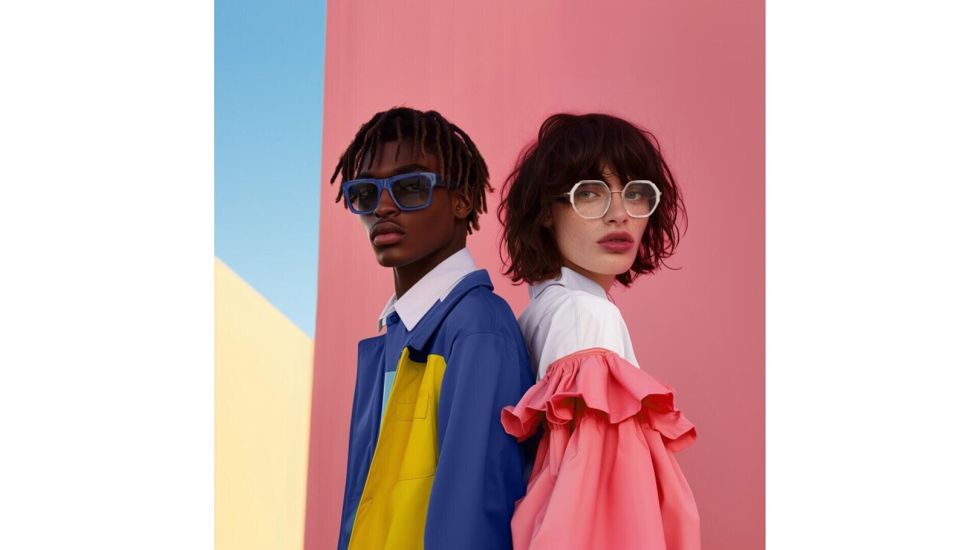 A man and woman stand back to back against a pink background. Both wear stylish glasses and bold, colorful clothing; the man wears blue and yellow, while the woman wears white and pink with ruffled sleeves.