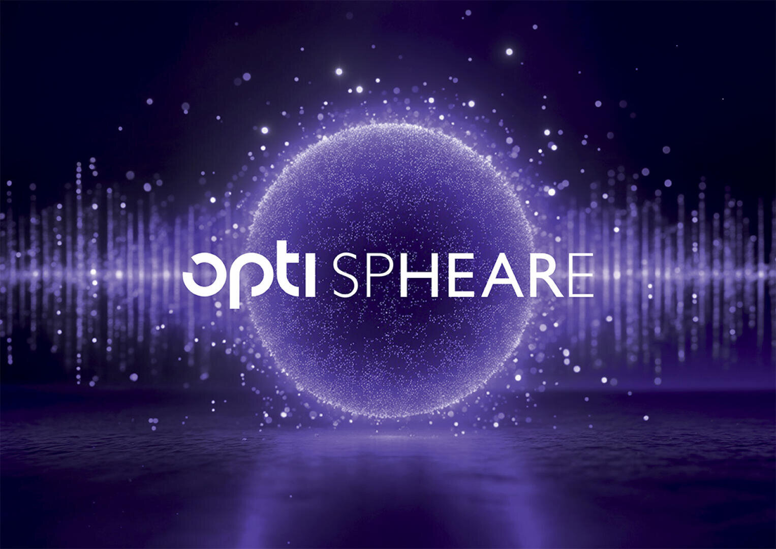 Eine leuchtende, lilafarbene Kugel mit einer funkelnden Textur befindet sich in der Mitte eines dunklen Hintergrunds, umgeben von Lichtwellen. Der Text opti SPHEARE ist in Weiß über die Kugel gelegt.