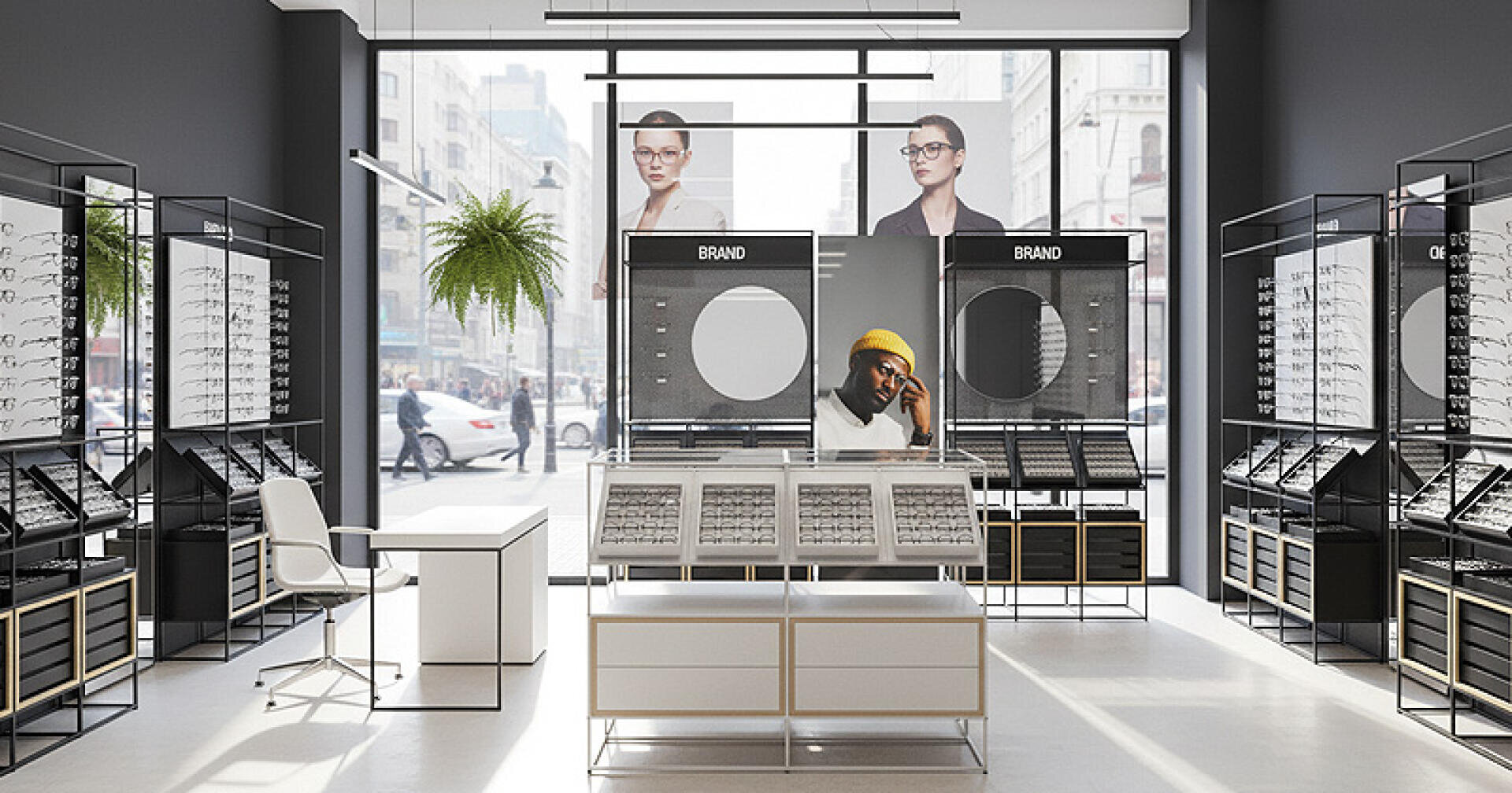 Ein modernes Brillengeschäft mit Regalen mit verschiedenen Brillengestellen, einem weißen Schreibtisch und Stuhl, großen Fenstern, die eine belebte Straße zeigen, und Postern von Brillenträgern an den Wänden.