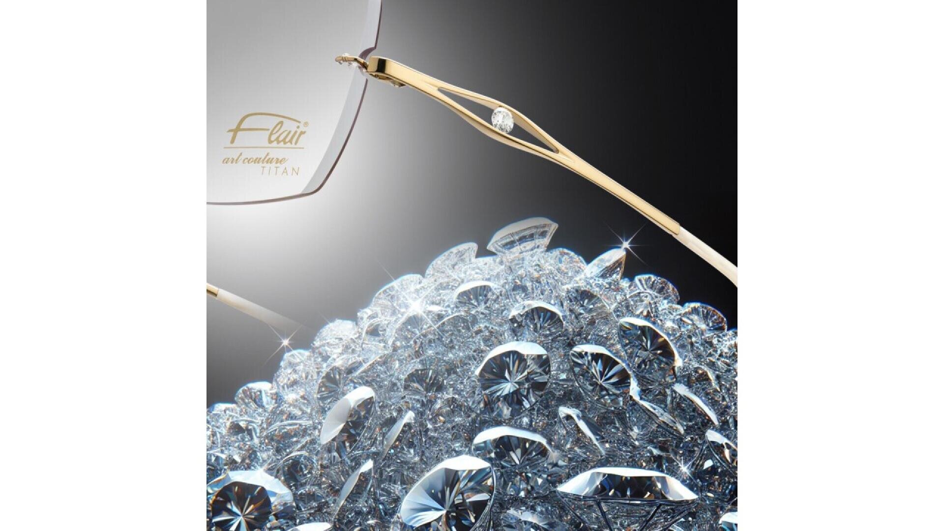 A close-up of gold-rimmed eyeglasses with a diamond detail, resting above a sparkling pile of loose diamonds. The Flair logo is visible on the lens.