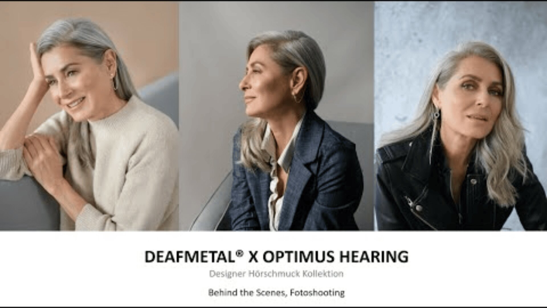 A stylish older woman with gray hair poses in three different outfits—beige sweater, gray top with blazer, and black leather jacket—promoting DEAFMETAL® X OPTIMUS HEARING. Text below mentions behind-the-scenes photoshooting.