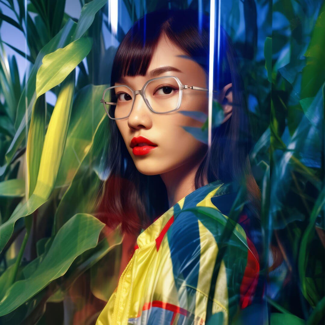 A young woman with straight dark hair, glasses, and red lipstick stands among green plants, wearing a colorful jacket. Blue and yellow lights create a vibrant, futuristic atmosphere.