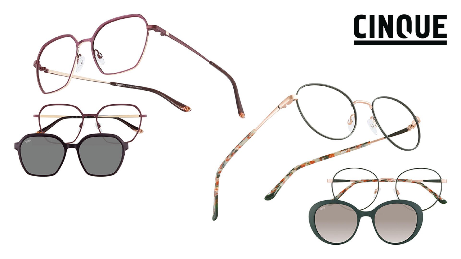 Vier stilvolle Brillen und Sonnenbrillen in verschiedenen Formen und Farben sind auf einem weißen Hintergrund mit dem CINQUE-Logo in der rechten oberen Ecke abgebildet.