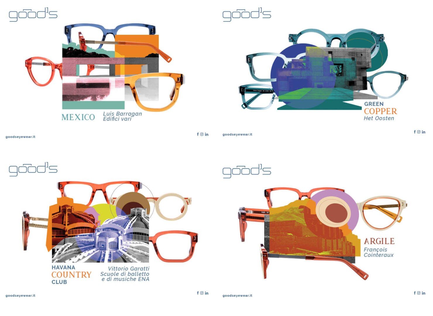 Vier illustrierte Brillenposter, jedes mit einer Collage architektonischer Wahrzeichen und beschriftet mit: Mexiko, Green Copper, Havana Country Club und Argile. Jedes Design zeichnet sich durch einzigartige Farben und Stile aus.
