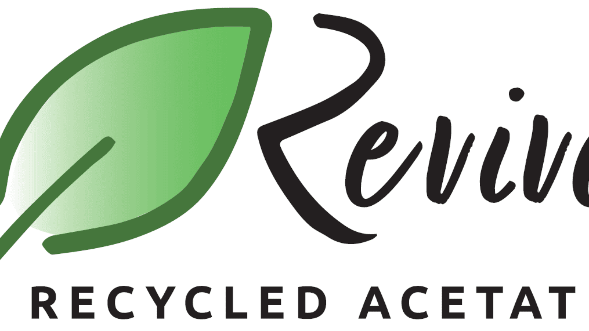 A green leaf graphic beside the word Revive in stylized black script, with RECYCLED ACETATE in bold capital letters below.