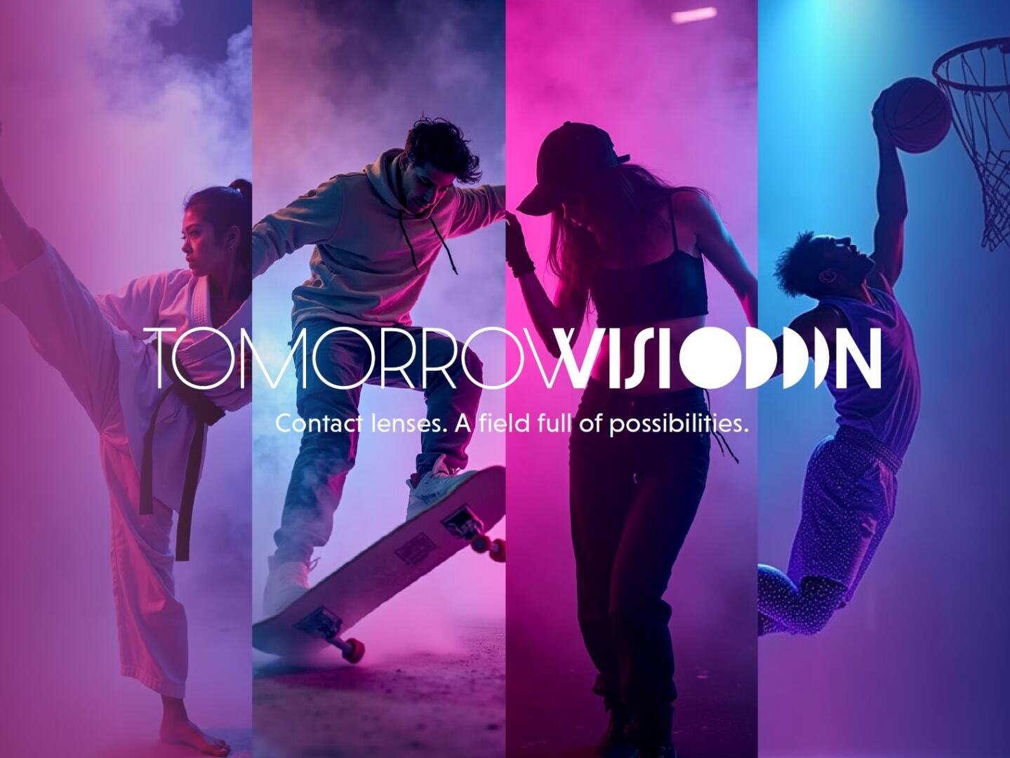Four people, each in a different colored light, dance, skateboard, pose and play basketball. The text reads: "MORGEN VISION. Contact lenses. A field full of possibilities.".