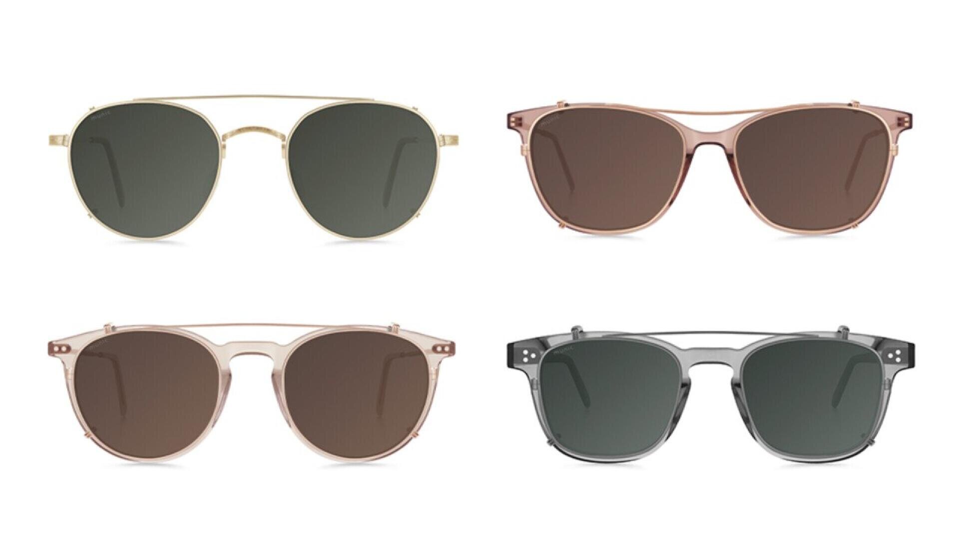 Four pairs of sunglasses with different frame shapes and colors are shown on a white background, including aviator, round, and square styles in gold, rose gold, and silver frames with tinted lenses.