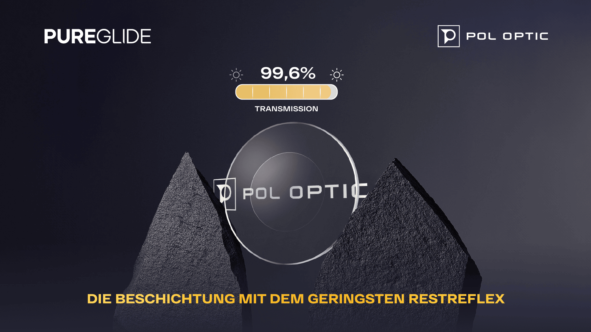 A graphic showing PUREGLIDE and POL OPTIC branding, a transmission bar at 99.6%, and two dark, jagged rocks. German text at the bottom reads: DIE BESCHICHTUNG MIT DEM GERINGSTEN RESTREFLEX.