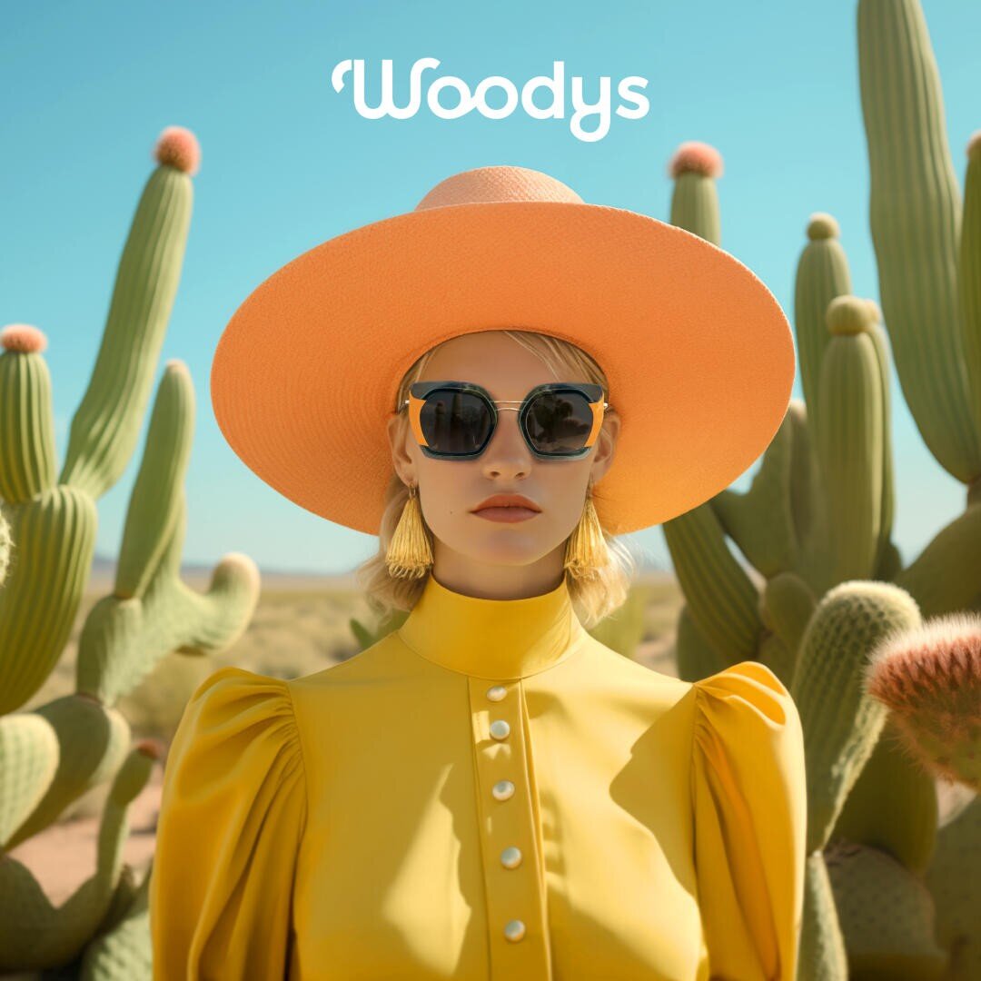 Eine Frau in einem leuchtend gelben Kleid, einem übergroßen pfirsichfarbenen Hut und einer Sonnenbrille steht zwischen Kakteen in einer Wüste. Über ihrem Kopf erscheint das Wort „Woodys“. Das Bild besticht durch einen lebendigen Retro-Stil.