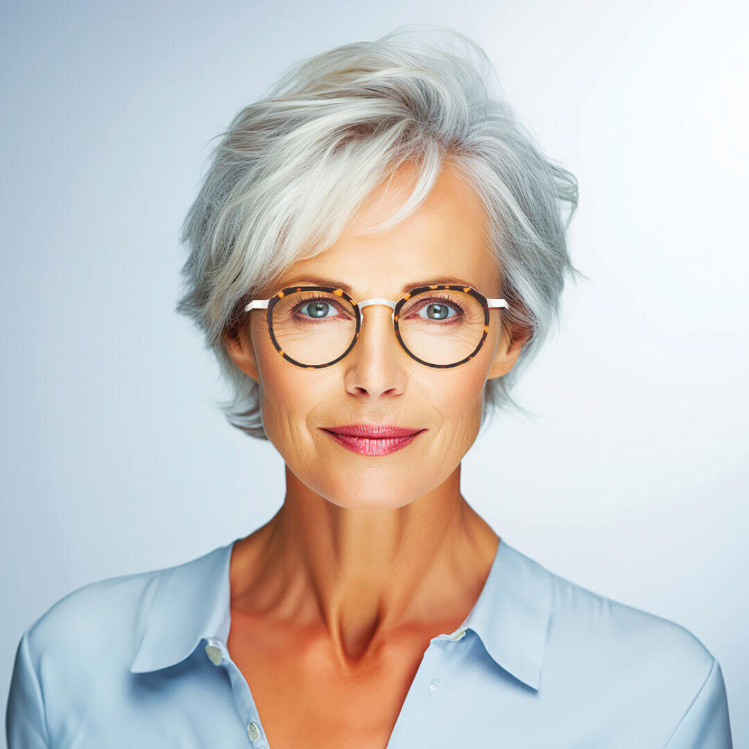 Eine selbstbewusste ältere Frau mit kurzen grauen Haaren und Brille, die ein hellblaues Hemd mit Knöpfen trägt, blickt vor einem schlichten, sanft beleuchteten Hintergrund direkt in die Kamera.