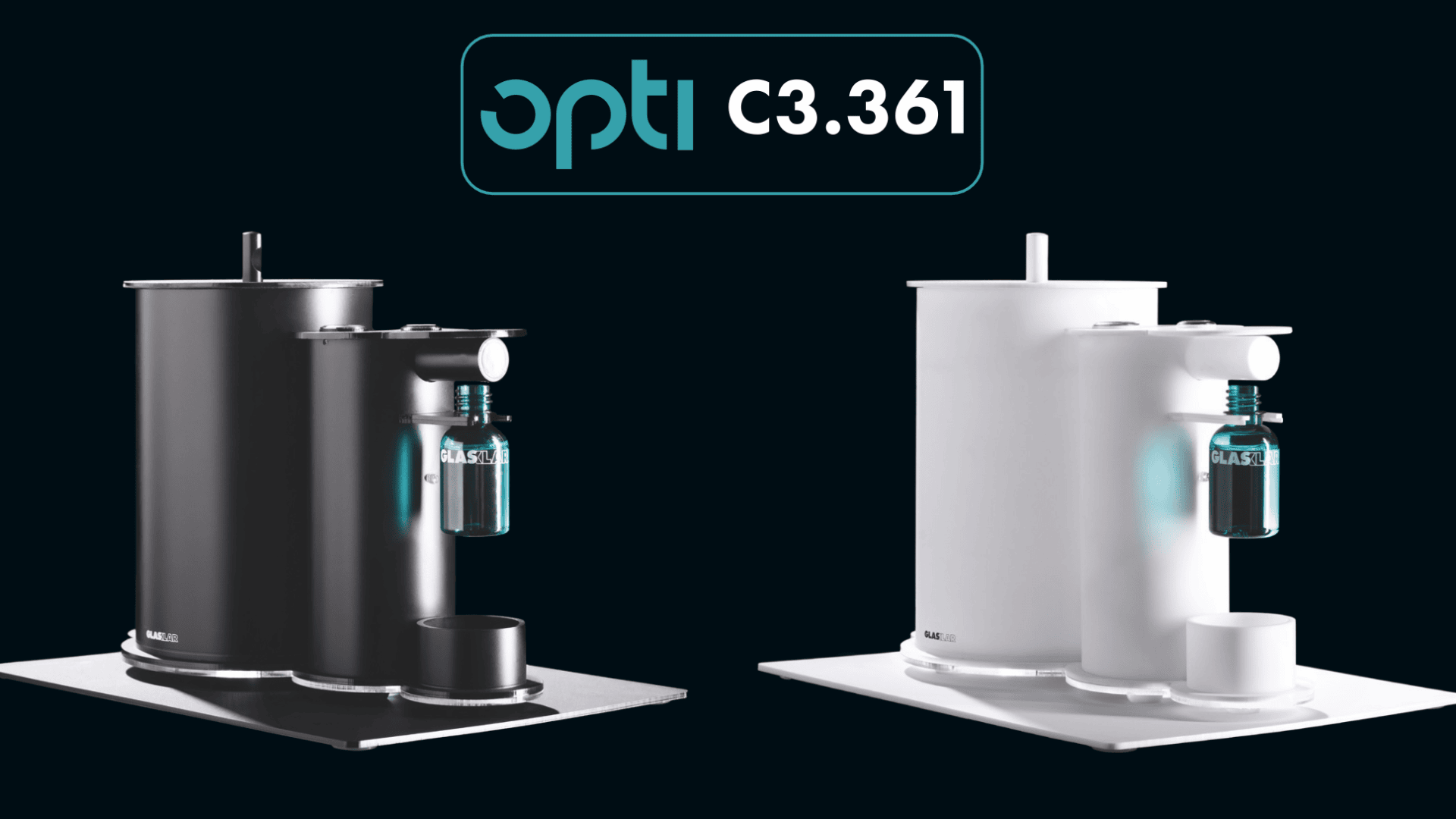 Zwei moderne Kaffeemaschinen, eine schwarze und eine weiße, stehen nebeneinander auf separaten Podesten. Darüber prangt ein Logo mit dem Text „opti C3.361“ auf dunklem Hintergrund.